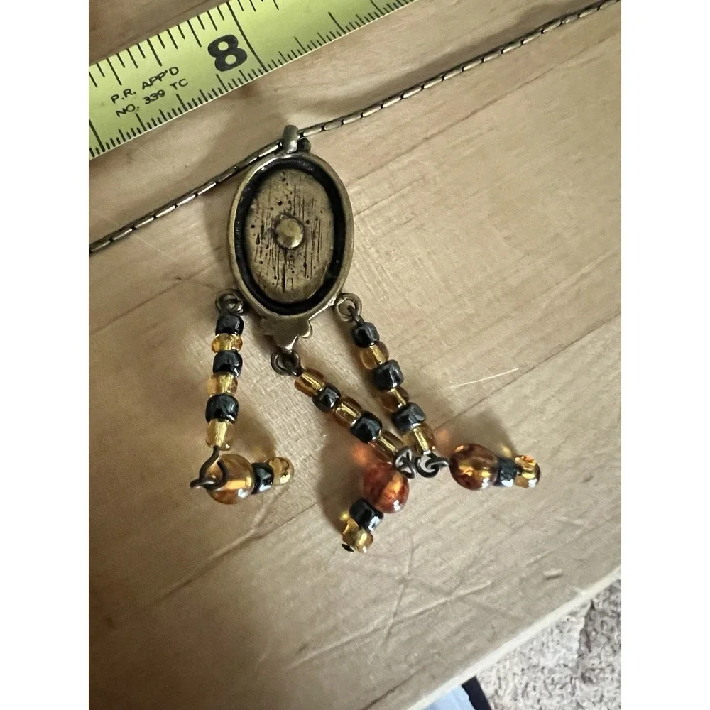 Boho Beaded Tassel Antique Gold Medallion Necklace Black Amber Earrings Set